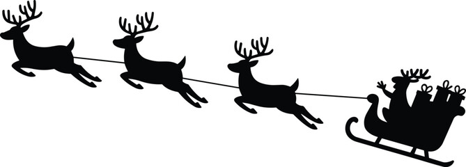 Santa Claus sleigh silhouette, flying reindeer icons, Christmas scene graphics, holiday symbols, gift delivery design, festive vector set, black illustration
