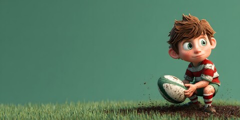 Young Boy Playing Rugby in Vibrant Green Pitch with Excitement