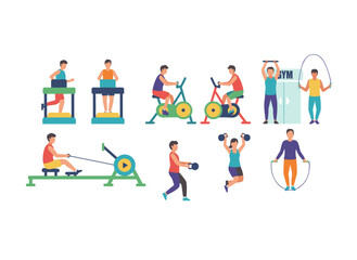 Fototapeta premium A flat vector illustration depicts diverse cartoon characters exercising in a modern gym, featuring an athletic man and woman using training apparatus to perform various physical exercises and enjoy