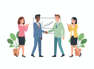 Obraz premium Employees congratulate a coworker for their work success, while the boss shakes hands with the delighted employee out of respect and the business team applauds during the office meeting, all depicted