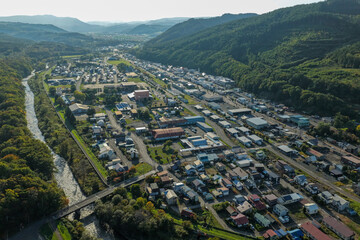 Aerial View of Otoineppu Village, Hokkaido – Rural Town and River Landscape