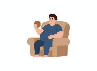 An overweight young man sits on a chair in a flat cartoon vector illustration, illustrating the concepts of obesity, binge eating disorder, and food addiction as mental illnesses, behavioral