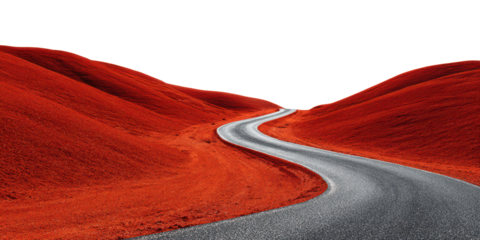 orange red hills landscape with grey curvy road isolated on white or transparent png