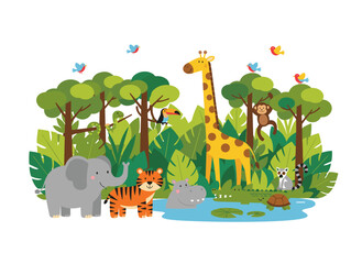 Obraz premium A charming illustration of exotic animals and tropical flora in a rainforest teeming with palm trees, lianas, and playful African jungle inhabitants, rendered in a flat, colorful cartoon vector style