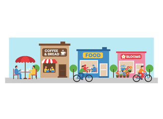Obraz premium A downtown city street scene featuring citizens dining outdoors at cafés, restaurants, and coffee shops on terraces, depicted as a long urban panorama with open cafeteria exteriors in a flat vector