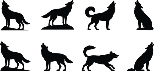 Wolf silhouette icons, howling and sitting poses, black vector graphics, wildlife symbols, nature illustration, minimal design, animal behavior, forest, predator, wild