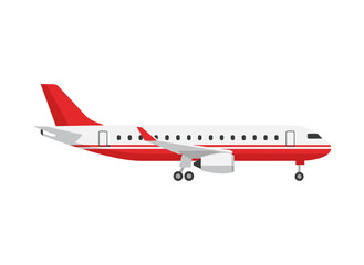A side profile of a passenger aircraft with landing gear, depicted as a flat cartoon vector illustration featuring portholes, wings, and engines against a white background