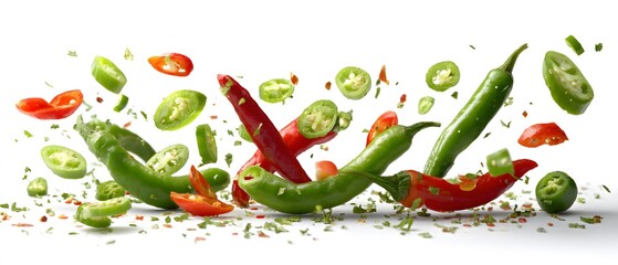 Vibrant red and green chili peppers explode into motion with scattered pieces against a bright background