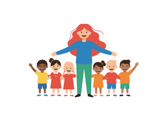Fototapeta premium A cheerful group of students and their female teacher stand together, with a young woman and smiling children highlighted against a white backdrop, depicted in a bright, flat cartoon vector