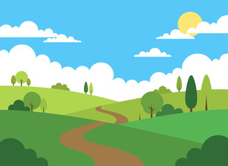 Obraz premium A flat vector illustration of a tranquil rural summer scene featuring green grass, trees, a horizon of sky and clouds, and a panoramic view of the countryside
