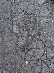 Close-up of cracked and uneven asphalt with pothole and wet surface surrounded by fallen autumn leaves