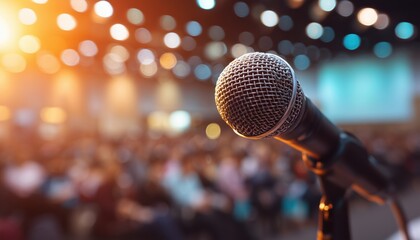Motivational Speaker Energizing Audience With Microphone At A Conference: Inspiring And Uplifting Speech For Attendees. Dynamic Presentation.