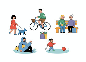 A group of small people in seasonal attire strolling down the street while engaging in spring outdoor activities, featuring humorous men, women, and children, rendered as a flat cartoon vector