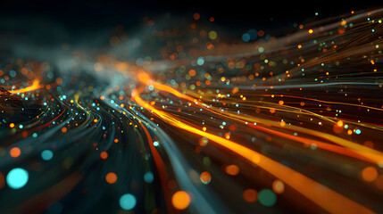 Abstract visualization of rapid data flow and automated manufacturing operations in futuristic industrial setting