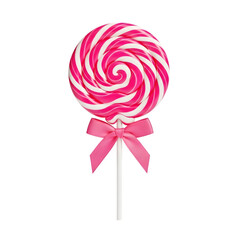 Colorful spiral lollipop with a cute pink bow. Perfect for candy, sweets, celebration, and festive designs. Isolated on white or transparent background. PNG format.
