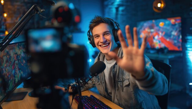 Handsome Young Vlogger Pro Gamer Greeting Followers With A Smile, Streaming Video Game At Home In The Night - Cyber Sports.