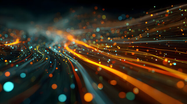 Abstract visualization of rapid data flow and automated manufacturing operations in futuristic industrial setting