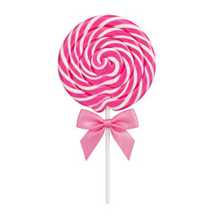 Colorful spiral lollipop with a cute pink bow. Perfect for candy, sweets, celebration, and festive designs. Isolated on white or transparent background. PNG format.