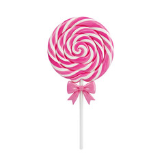 Colorful spiral lollipop with a cute pink bow. Perfect for candy, sweets, celebration, and festive designs. Isolated on white or transparent background. PNG format.