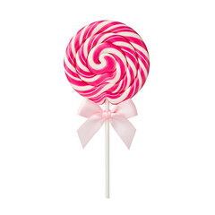 Colorful spiral lollipop with a cute pink bow. Perfect for candy, sweets, celebration, and festive designs. Isolated on white or transparent background. PNG format.