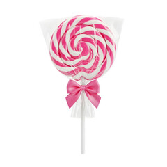 Colorful spiral lollipop with a cute pink bow. Perfect for candy, sweets, celebration, and festive designs. Isolated on white or transparent background. PNG format.