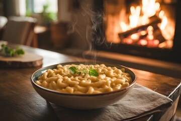 Steaming bowl of macaroni and cheese with a fireplace in the background pasta comfort food