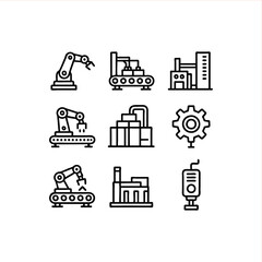 Modern industry icons showcase factory automation and technology, suitable for manufacturing, production, and engineering designs with a professional look