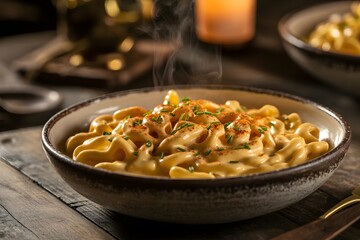 Steaming bowl of macaroni and cheese with chives and paprika pasta cheese sauce