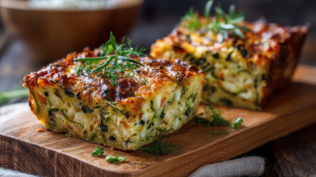 Delicious zucchini slice served on wooden board, showcasing rustic kitchen atmosphere with fresh herbs enhancing presentation