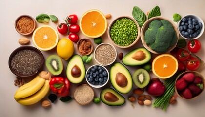 overhead shot of various healthy foods including fruits and vegetables laid out