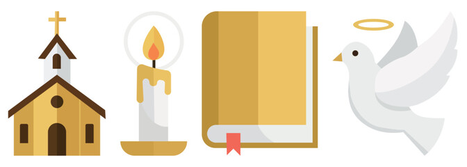 Collection of religious symbols including a church steeple lit candle open book and a dove with a halo
