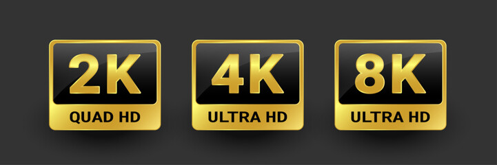 Set of icon. Resolution video format: 2K, 4K, 8K, HD. Vector, golden gradient, black background.