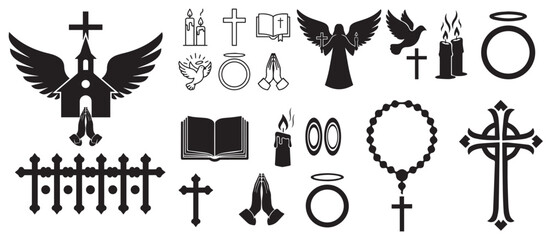 Collection of religious symbols and objects including crosses angels churches candles and rosary beads for spiritual themes