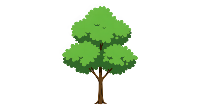 Cartoon Tree with Lush Green Foliage and Brown Trunk Isolated.