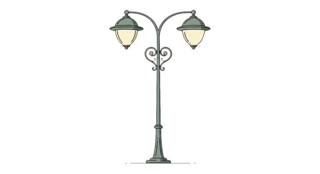 Elegant DoubleLamp Streetlight with Ornate Metalwork and DomeShaped Shades.