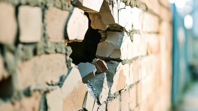 A worn-out brick wall with a noticeable hole