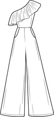One-shoulder jumpsuit technical sketch, ruffled neckline with wide leg pants and side pockets, fitted silhouette, cad drawing flat vector illustration