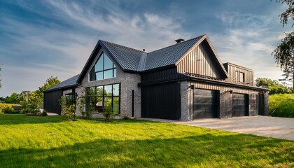 a modern farmhouse with black trim and a metal roof sits on a green lawn