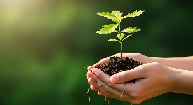 Human hands gently cradle a young plant seedling with fertile soil outdoors.