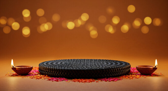 Diwali Diya and Woven Platform with Bokeh Lights natural freepik