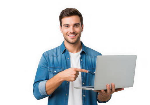 Man in denim shirt holding pointing at a laptop computer isolated on transparent background