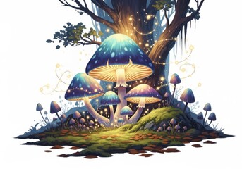 Enchanted forest mushrooms glow with magical fairy lights under a mystical tree