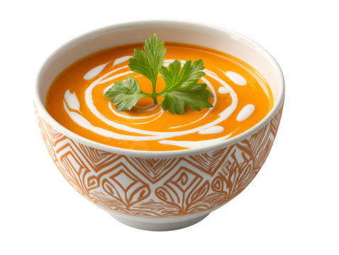 Warm and inviting bowl of creamy orange soup with a swirl of cream and fresh parsley garnish