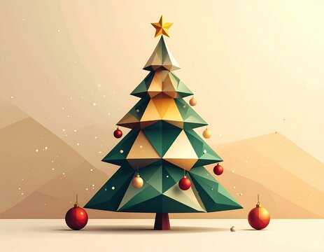 Geometric Low Poly Christmas Tree Illustration.