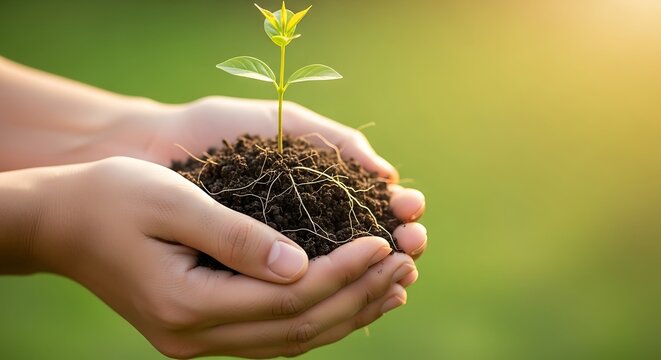 Close-up of nurturing hands gently holding a sprouting green plant in rich soil.