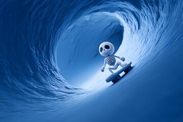Skeleton Character Surfing in a Blue Wave Tunnel Animation Style