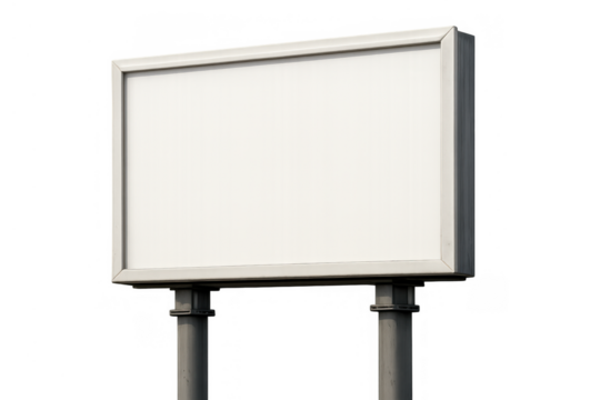 Blank billboard banner advertising sign on posts with empty white space for custom text, transparent background