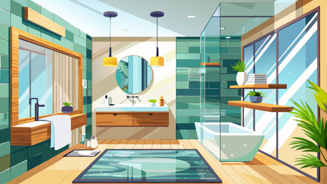 Vector illustration of modern bathroom with natural daylight, glass shower, marble walls, wooden accents, clean bright interior, contemporary design, calm atmosphere