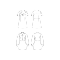 Illustration of technical drawing of a dress, showcasing front and back views with short and long sleeves