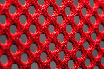 Macro closeup of red synthetic woven fabric mesh with braided threads and geometric grid pattern